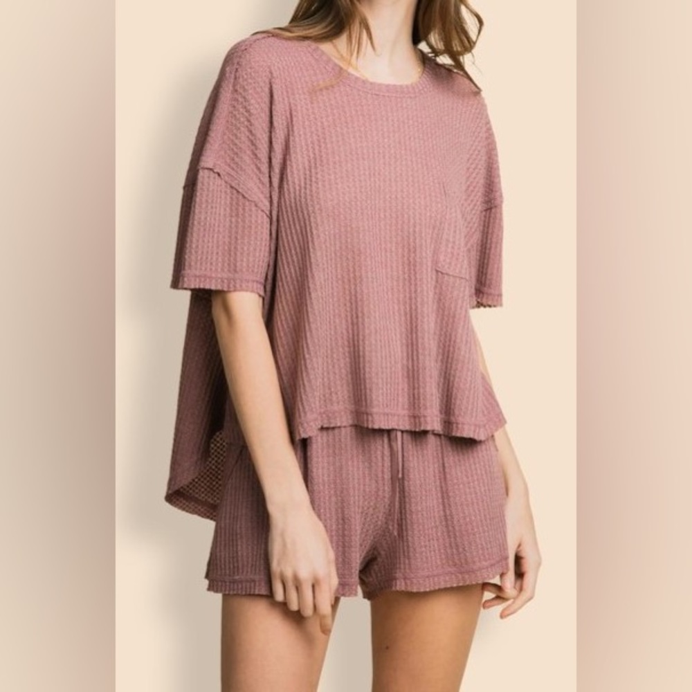 M Pink - Casual Loose Fit Solid Waffle Top & Short Set